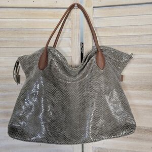 Sorial Metallic Taupe’ish/green Mesh Tote with Brown Leather Handles